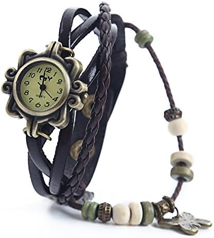 DAYAN Women's Ladies Charm Butterfly Pendants Weave Wrap Around Leather Belt Bracelet Watch Brown