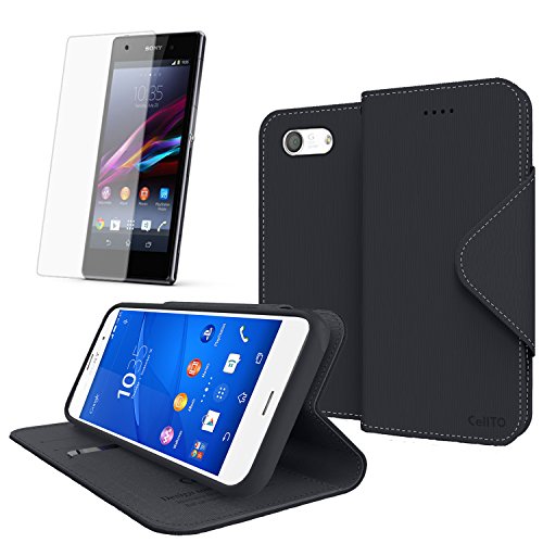 Cellto Sony Xperia Z3 Compact Premium Wallet Case with HD Screen Protector [Dual Magnetic Flap] Diary Cover /w ID Pocket Top Quality & Stand in Multiple Angles + Life Time Warranty - Premium Black