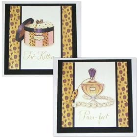 Chic Tres Kitten Powder Puff & Purr-fect Perfume Wall Plaque Sign 2pc Set