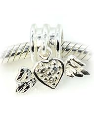 Pro Jewelry .925 Sterling Silver " Angel Wings with CZ in Heart Dangle " Bead Compatible with Pandora Chamilia Kay Troll Bracelet
