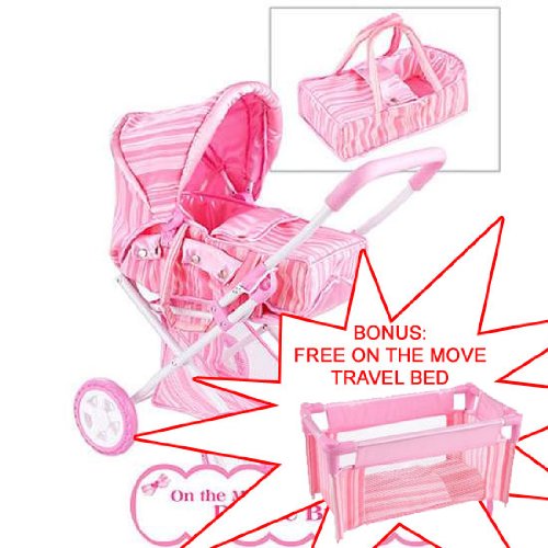 On the Move Deluxe Pram by Dollkraft with FREE On the Move Travel Bed