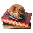 Handmade Cozy Cat & Books Decorative Paperweight Wood Carving (Thailand)