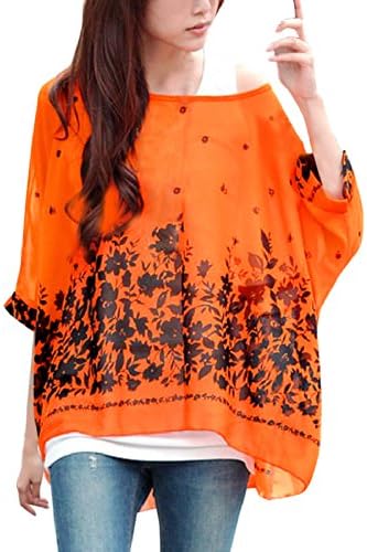 Allegra K Women Geometric Prints Sheer Oversize Batwing Tops Blouse Plus Size