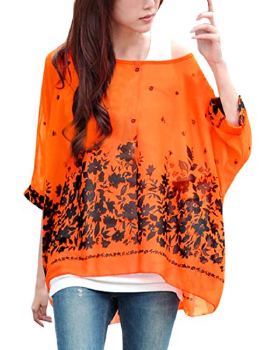 Allegra K Women Geometric Prints Sheer Oversize Batwing Tops Blouse Plus Size