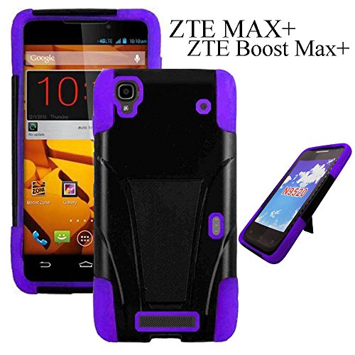 ZTE Max+ Plus Case , Boost Max+ Plus Case, Luxca (Tm) Hybrid Heavy Duty Rugged Impact Advanced Armor Soft Silicone Cover Hard Snap On Case with Kickstand Tuff Symbiosis (Purple / Black Y Stand)