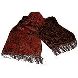 Brown, Red & Orange Paisley Silk Print & Black Velvet Reversible Scarf