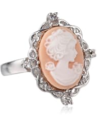 Sterling Silver Pink Cameo Ring with Created White Sapphire, Size 7