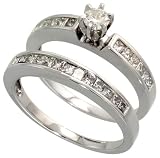 14k White Gold 1/4 (6mm) wide 2-Piece Wedding Set Ring, w/ 0.21 Carat 4mm Brilliant Cut at the Center & 0.65 Carat Invisible Diamonds