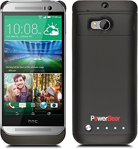 PowerBear® HTC One M8 Battery Case [Force Series] - Protective Extended Rechargeable Power Case [Up to 125% More Battery Power] - 3200mAh - Bare Black - LED Indicator Lights - Hands-free Kickstand + FREE Screen Protector