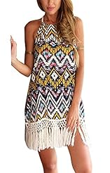 Cotton Summer Halter Sleeveless Backless Floral Print Tropical Print  Dress