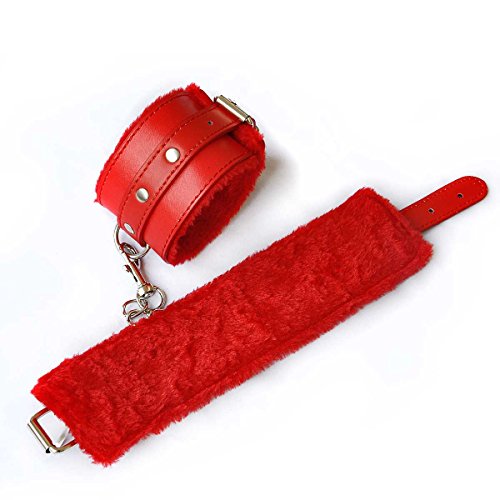 Moonight Red PU Leather Wrist Ankle Restraints Comfortable adjustable Furry Leather Bondage Restraint Handcuffs Sex Flirting Tool for Beginners