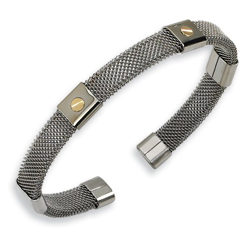 18K Gold Accented Mesh Stainless Steel Cuff Bangle Bracelet