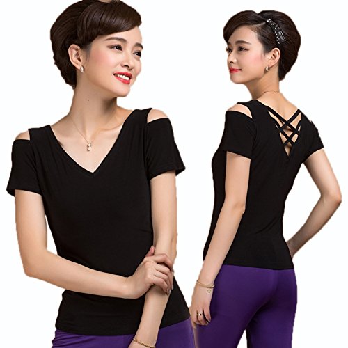 [L-night]レディース ダンス用シャツ トップス 半袖Vネック 黒 デコルテ 鎖骨 セクシー 露出 着心地 何でも合う レッスン着 着痩せ フラメンコ 女性社交ダンス ラテンダンス フラメンコ衣装 ダンスウェア 練習着 モダン 競技用 デモ用ベリーダンス ブラウス