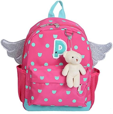 Girls Angel Wing Backpack Kids Cute Toddler School Bag with Bear Key Chain (Pink)
