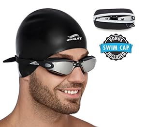 Swim Elite Mirrored Swimming Goggles for Men and Women + Exclusive Swim Cap & Protective Case (Mirrored Black)