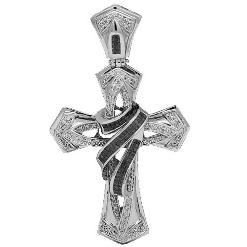 14K White Gold Mens Diamond Cross Pendant with Black Diamonds 2.89 Ctw