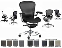 Hot Sale Herman Miller Aluminum Aeron Executive Chair Highly Adjustable with Lumbar Support Pad, Leather Arm Pads Wave Carbon Pellicle - Large Size (C) Wave Dark Carbon Pellicle Home Office Desk Task Chair