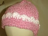 Ht7rsp, Knitted Raspberry Chenille Infant Hat Trimmed By Hand Crochet with White Chenille