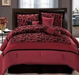 7Pcs Queen Floral Burgundy and Black Comforter Set