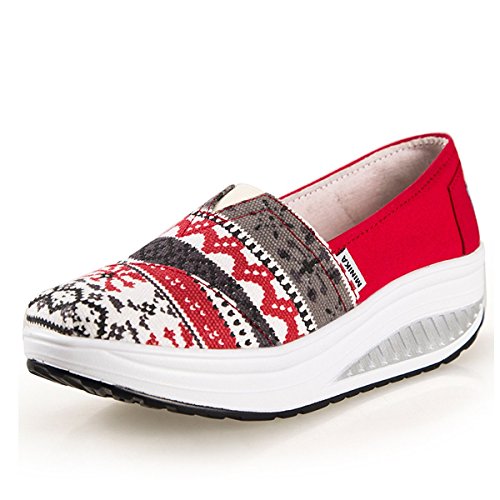 JARLIF Women's Shape Ups Canvas Walking Exercise Slip on Sneakers - Comfortable Fitness Platforms Shoe Red US8