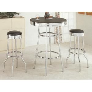 3pcs Retro Fountain Style Black & Chrome Finish Bar Table & 2 Stool Set