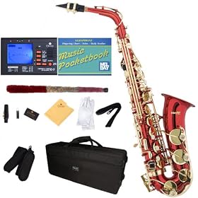 Mendini MAS-RL Red Lacquered E Flat Alto Saxophone + Case, Accessories & Free Chromatic Tuner with Metronome
