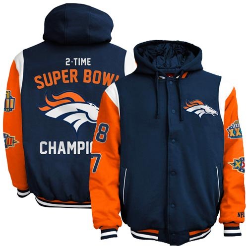 Denver Broncos Navy Blue-Orange 2X Super Bowl Champs Commemorative Polyfill Full Button Hoodie Jacket (XXXX-Large)