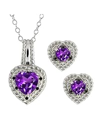 3.15 Ct Heart Shape Purple Amethyst Sterling Silver Pendant Earrings Set