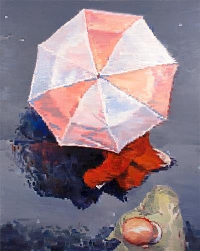 Hand Painted Unframed Oil Painting Abstract Woman In Red With Umbrella In Paris Rain on Quality Canvas 60 x 48 in 150 x 120 cm