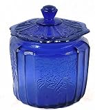 Cobalt Blue Glass Cookie Biscuit Jar with Embossed Rose Design