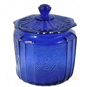 Cobalt Blue Glass Cookie Biscuit Jar with Embossed Rose Design by AAI