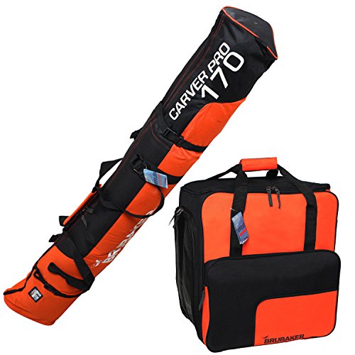 HENRY BRUBAKER "Superfunction" Combo Ski Boot Bag and Ski Bag for 1 Pair of Ski up to 170 cm, Poles, Boots and Helmet - Black Orange