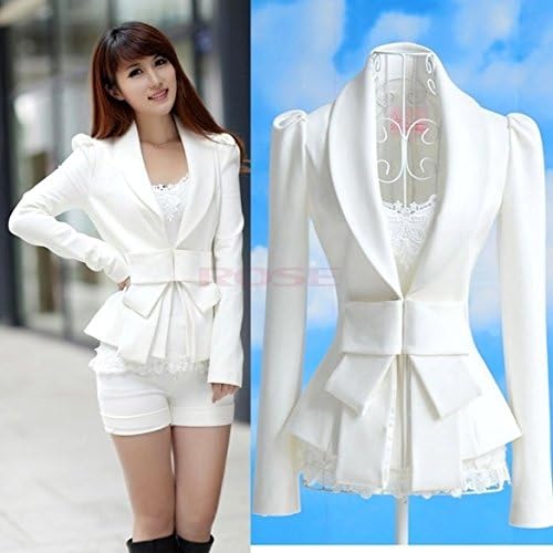 Korea Stylish Womens Career OL White Slim Suit Coats Jackets Tops Bowknot Blazer 7327