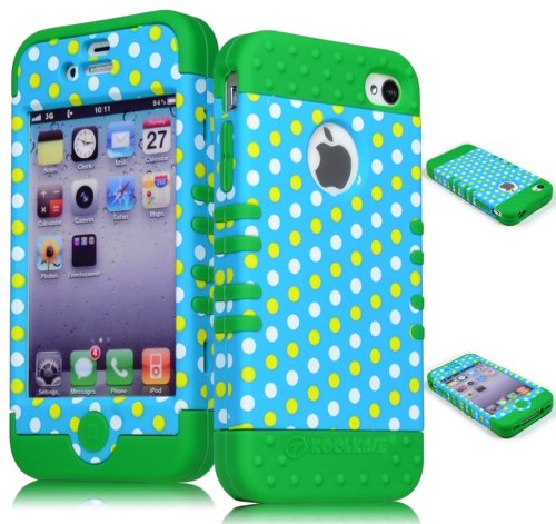 Bastex Heavy Duty Hybrid Case for iPhone 4, 4s, 4th Generation - Green Silicone / Colorful Polka Dot Design Hard Shell