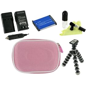 rooCASE 5n1 Nylon Hard Shell (Pink) Case with Memory Foam / LI-40B LI-42B 650mAh Li-Ion Battery / AC DC Charger / Tripod / LCD Cleaning Kit for Olympus Stylus 7030 14 MP Digital Camera Blue