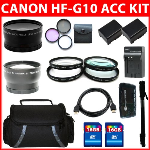 Professional Accessory Kit For Canon VIXIA HF G10 HFG10 Flash Memory Camcorder Include Canon BP-808 Replacement Battery (2Pcs)+ Replacement Charger + 16GB SDHC Memory (2Pcs)+ Reader + Wide Angle Lens + Telephoto Lens + Filter Kit + Close UP Lens Kit + HDMI + Monopod + Deluxe Case + More