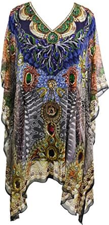 Chiktones Ligthweight Summer Printed Hand Beaded Short Caftan Dress / Cover Up