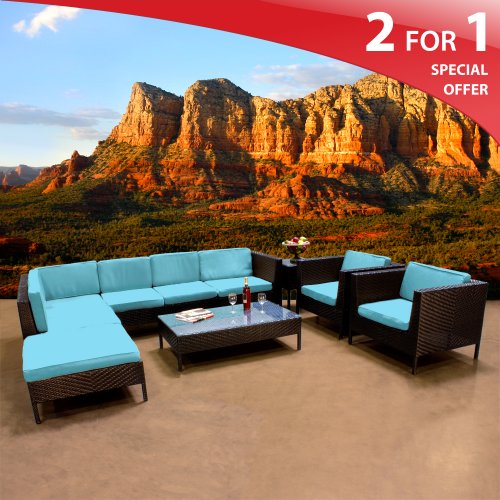 Rio Modern Outdoor Patio Wicker Sectional Furniture 9 Piece Set Tropical Blue