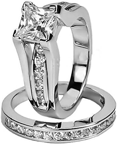 CHIC Women's 14KT White Gold Filled CZ Princess Cut Engagement Wedding Ring Set White Zircon Size 6/7/8/9/10