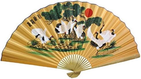 Oriental Feng Shui Wall Fan | Asian Wall Decor 35" Large Wall Fan (Japanese cranes - golden yellow)