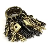 Fashion Fringed Ring; 1.5L Chain Drop; Burnished Gold, Polished Gold, And Gunmetal; Key And Lock Charms; Stretches To Fit
