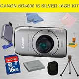 Canon PowerShot SD4000IS 10 MP CMOS Digital Camera with 3.8x Optical Zoom and f/2.0 Lens (Silver) Deluxe Carrying Case, 3pc.Lens Cleaning Kit, 16GB High Speed Memory Card, Hi-Speed SD USB 2.0 Card Reader, Mini Flexible Table Top Tripod, LCD Screen Protector, Battery, and Angel Cleaning Cloth.