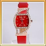 Luxury Leaf Fashion Wrist Watch Red Rose Golden Edge Rinestone Adjustable W0023
