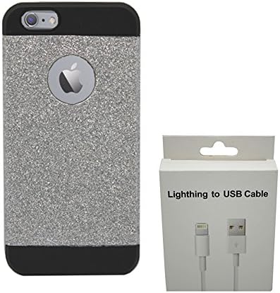 iPhone 6 Charging Cord - PLUS iPhone 6 Glitter Case - Protective Rubber Case TPU - Fits iPhone 6 (4.7" Screen) - Includes OEM Lightening USB Charge &amp; Sync Cable [BUNDLE, 2 pieces] (Glitter Silver)