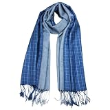 100% Viscose Men's Half Solid Half Small Box Pattern Fringed Long Scarf - Blue