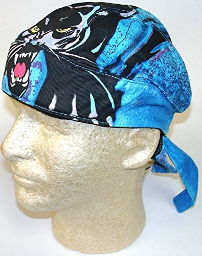 Super Deluxe Large Thick Biker Doo Rag Headwrap Black Blue Panther Cat Durag &amp; Sweatband
