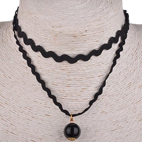 Simple Weave Black Lace Choker Necklace Gothic Two Layers Ball Pendant Black X86K05