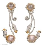 Gold plated rose quartz earrings, 'Lotus Blossom' 0.8 W 1.8 L