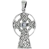 Sterling Silver Celtic High Cross Pendant w/ Single Clear CZ, w/ 18" Thin Box Chain
