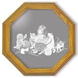 Decorative Etched Mirror - Kittens in Cat Art Etching, Octagon Solid Oak Framed Wall Mirror, 13 inches